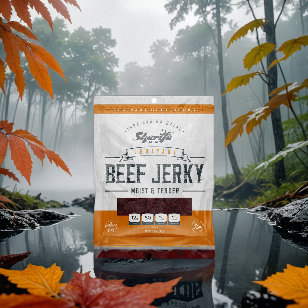 Sharifa Halal Beef Jerky, Teriyaki, (1) 2.85 oz. Bag – Great Everyday Halal Jerky Beef Meat Snack, 100 % Real Zabiha Halal Beef, 12g of Protein, 80 Calories, 0g Trans Fat, & 2g of Carbohydrates