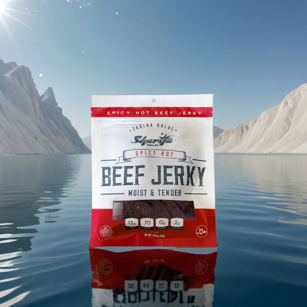 Sharifa Halal Beef Jerky, Spicy Hot, (1) 2.85 oz. Bag – Great Everyday Halal Jerky Beef Meat Snack, 100 % Real Zabiha Halal Beef, 13g of Protein, 70 Calories, 0g Trans Fat, & 2g of Carbohydrates