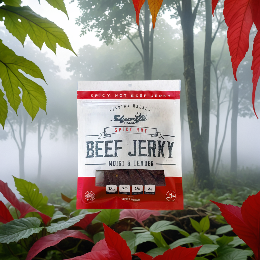 Sharifa Halal Beef Jerky, Spicy Hot, (1) 2.85 oz. Bag – Great Everyday Halal Jerky Beef Meat Snack, 100 % Real Zabiha Halal Beef, 13g of Protein, 70 Calories, 0g Trans Fat, & 2g of Carbohydrates
