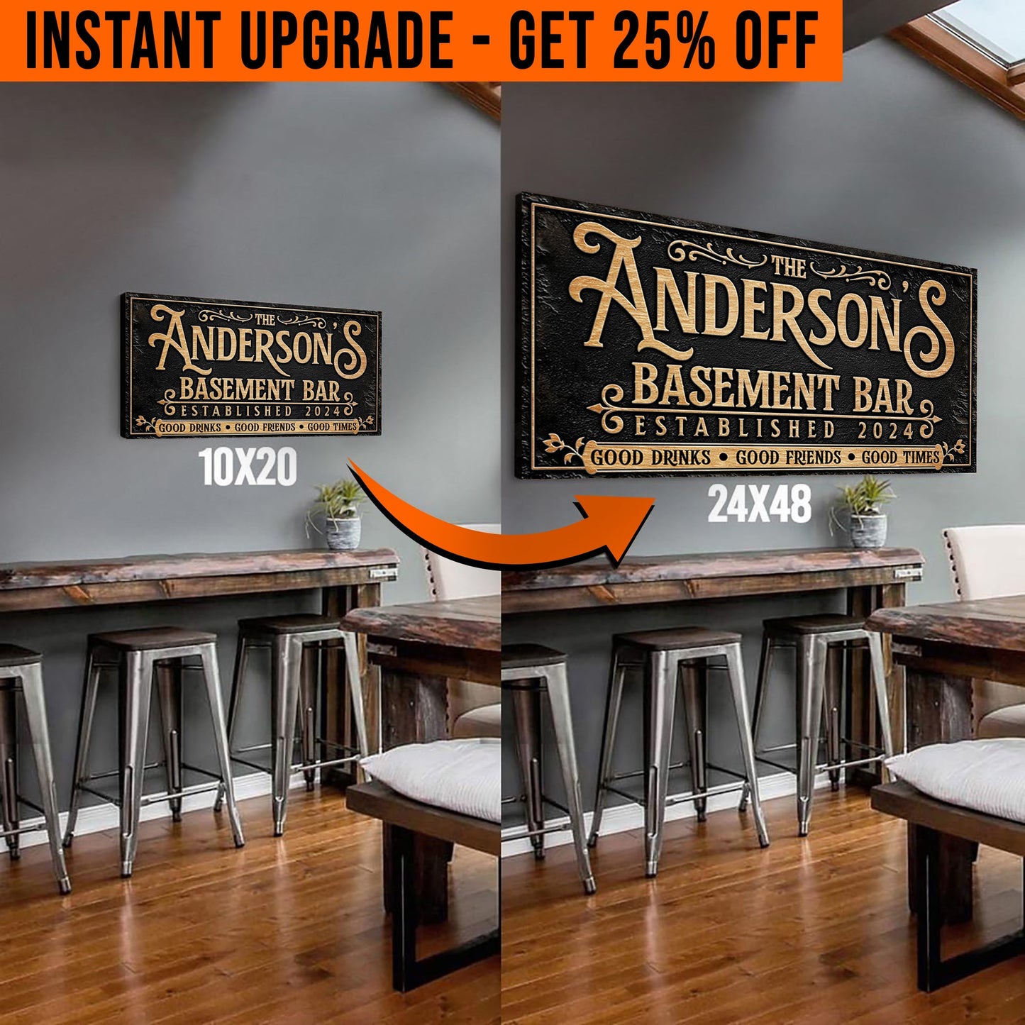Upgrade Your 20x10 Inches 'Custom Basement Bar' (Style 1) Canvas To 48x24 Inches
