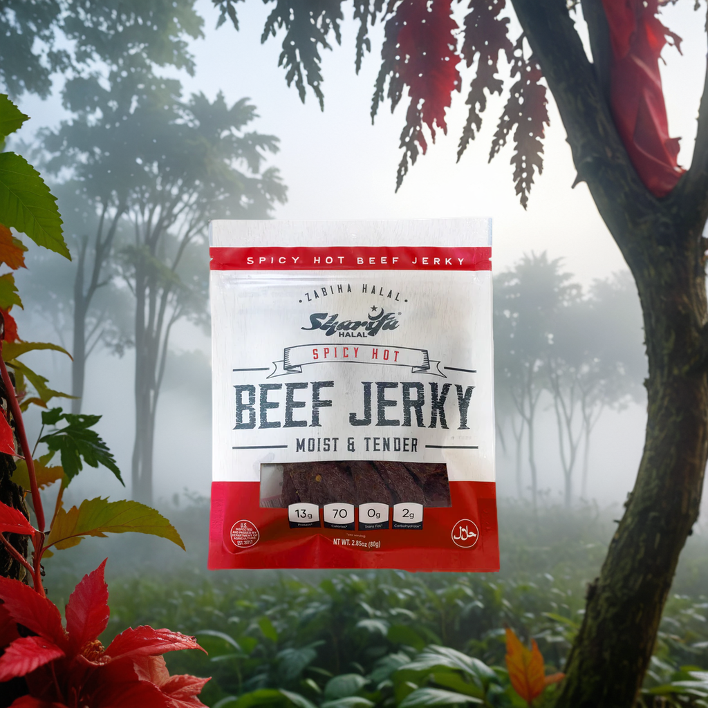 Sharifa Halal Beef Jerky, Spicy Hot, (1) 2.85 oz. Bag – Great Everyday Halal Jerky Beef Meat Snack, 100 % Real Zabiha Halal Beef, 13g of Protein, 70 Calories, 0g Trans Fat, & 2g of Carbohydrates