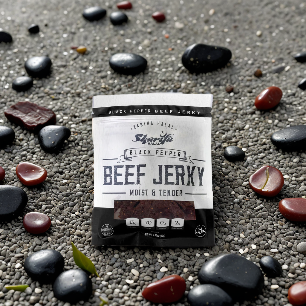 Sharifa Halal Beef Jerky, Black Pepper, (1) 2.85 oz. Bag – Great Everyday Halal Jerky Beef Meat Snack, 100 % Real Zabiha Halal Beef, 13g of Protein, 70 Calories, 0g Trans Fat, & 2g of Carbohydrates