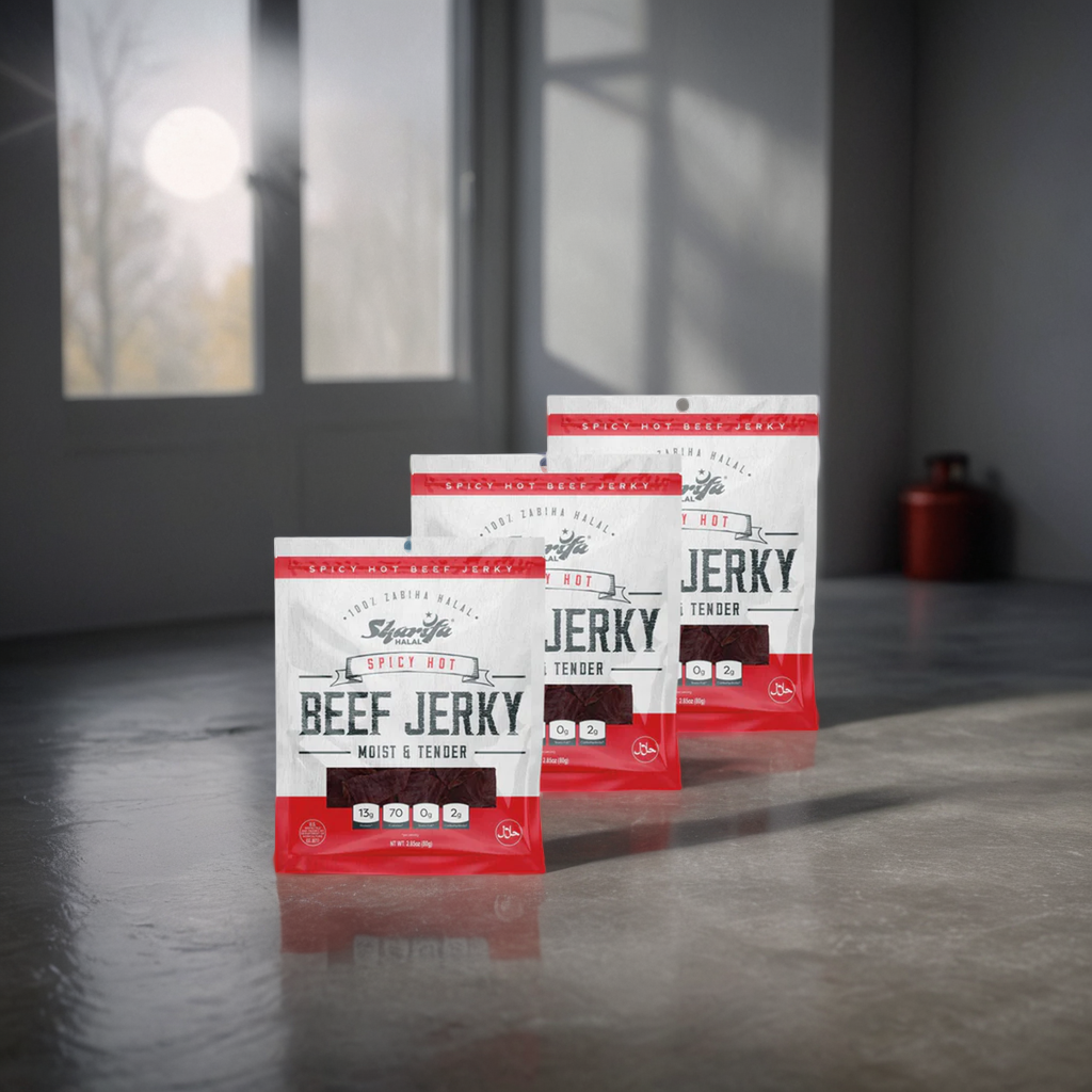 Sharifa Halal Beef Jerky, Spicy Hot, (3) 2.85 oz. Bag – Great Everyday Halal Jerky Beef Meat Snack, 100 % Real Zabiha Halal Beef, 13g of Protein, 70 Calories, 0g Trans Fat, & 2g of Carbohydrates