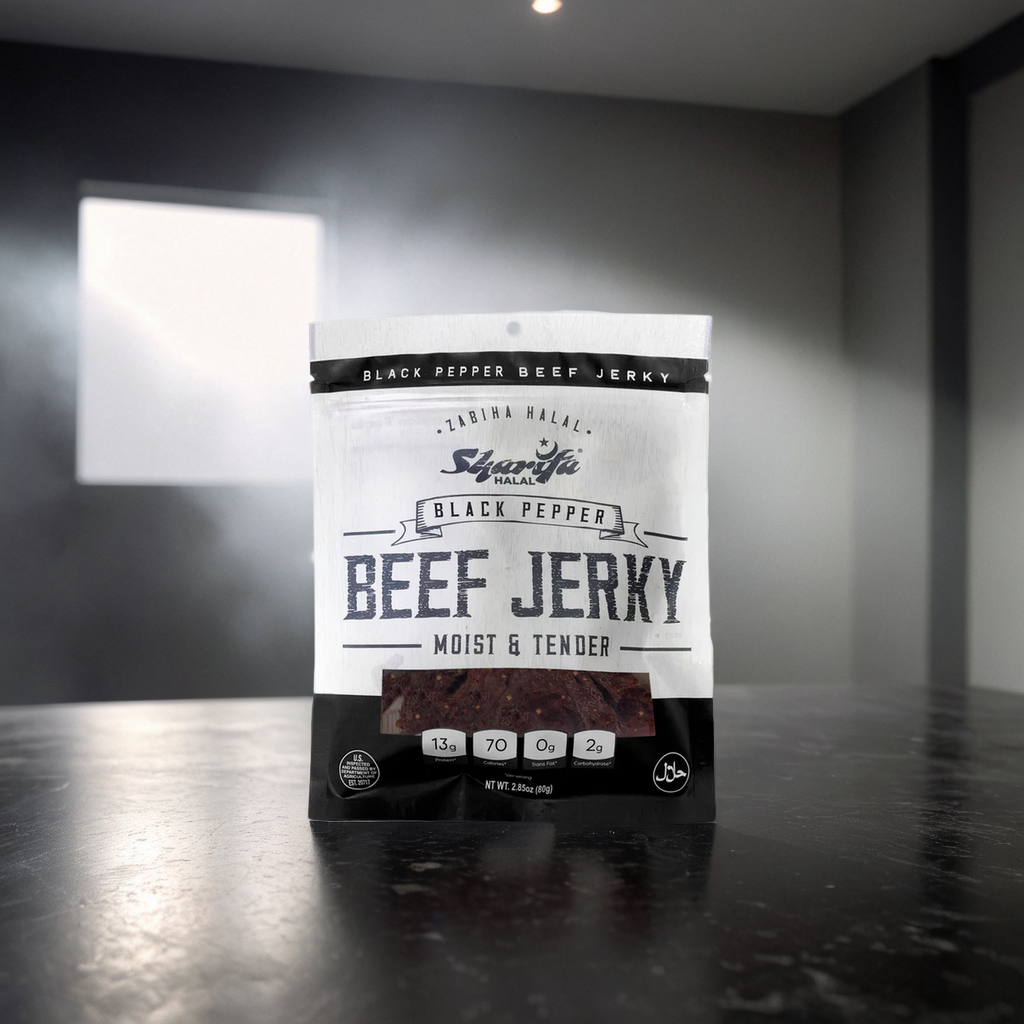Sharifa Halal Beef Jerky, Black Pepper, (1) 2.85 oz. Bag – Great Everyday Halal Jerky Beef Meat Snack, 100 % Real Zabiha Halal Beef, 13g of Protein, 70 Calories, 0g Trans Fat, & 2g of Carbohydrates