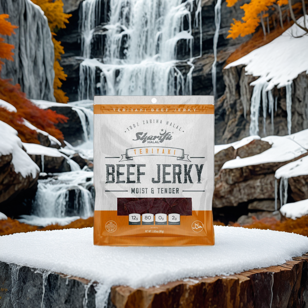 Sharifa Halal Beef Jerky, Teriyaki, (1) 2.85 oz. Bag – Great Everyday Halal Jerky Beef Meat Snack, 100 % Real Zabiha Halal Beef, 12g of Protein, 80 Calories, 0g Trans Fat, & 2g of Carbohydrates