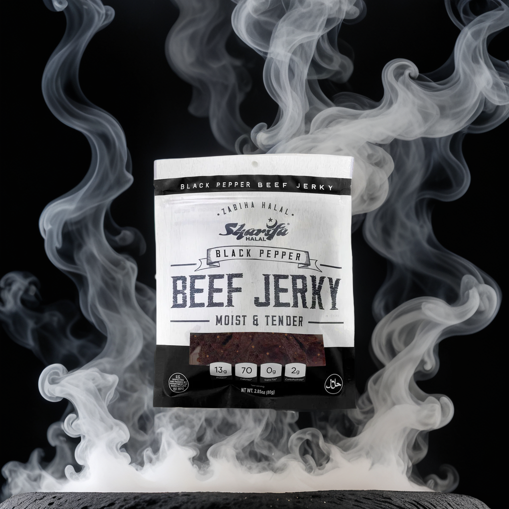 Sharifa Halal Beef Jerky, Black Pepper, (1) 2.85 oz. Bag – Great Everyday Halal Jerky Beef Meat Snack, 100 % Real Zabiha Halal Beef, 13g of Protein, 70 Calories, 0g Trans Fat, & 2g of Carbohydrates