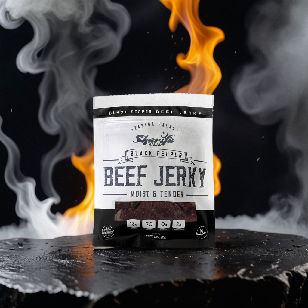 Sharifa Halal Beef Jerky, Black Pepper, (1) 2.85 oz. Bag – Great Everyday Halal Jerky Beef Meat Snack, 100 % Real Zabiha Halal Beef, 13g of Protein, 70 Calories, 0g Trans Fat, & 2g of Carbohydrates