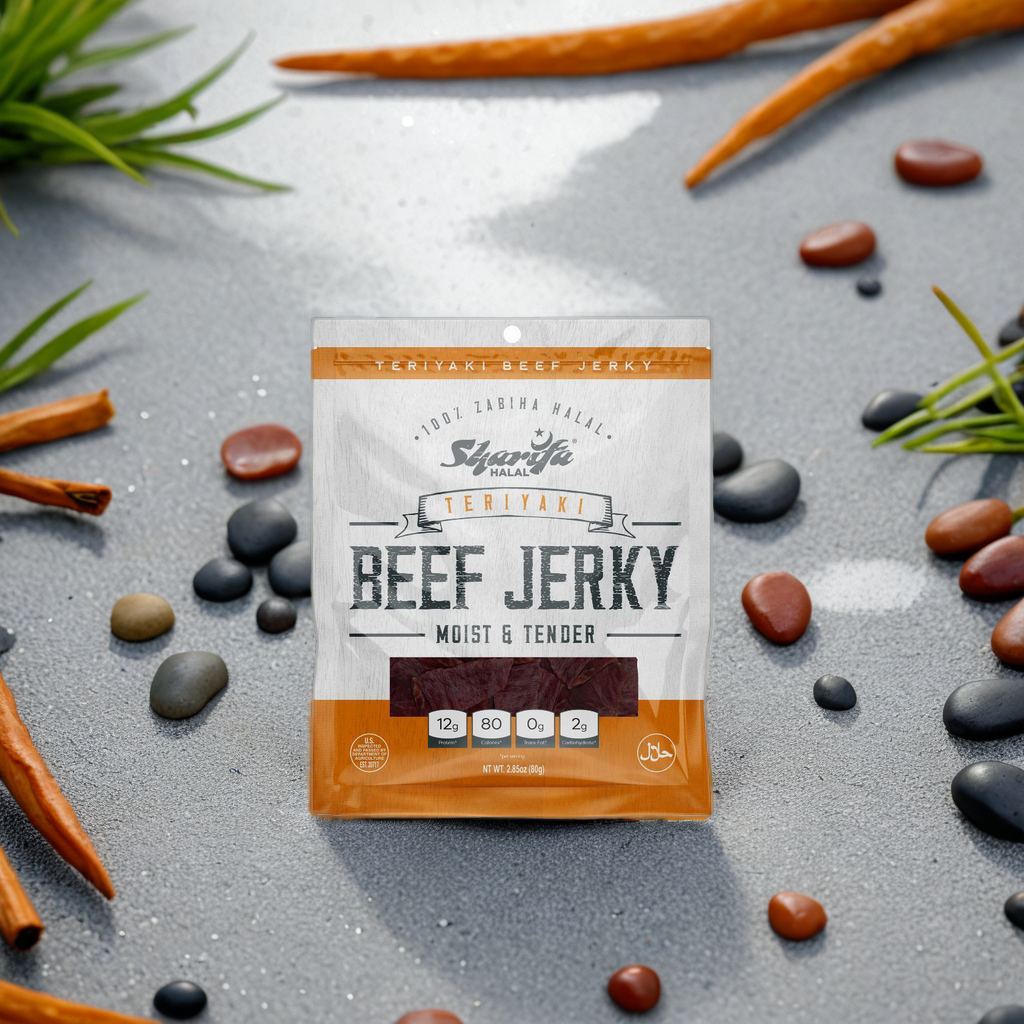 Sharifa Halal Beef Jerky, Teriyaki, (1) 2.85 oz. Bag – Great Everyday Halal Jerky Beef Meat Snack, 100 % Real Zabiha Halal Beef, 12g of Protein, 80 Calories, 0g Trans Fat, & 2g of Carbohydrates