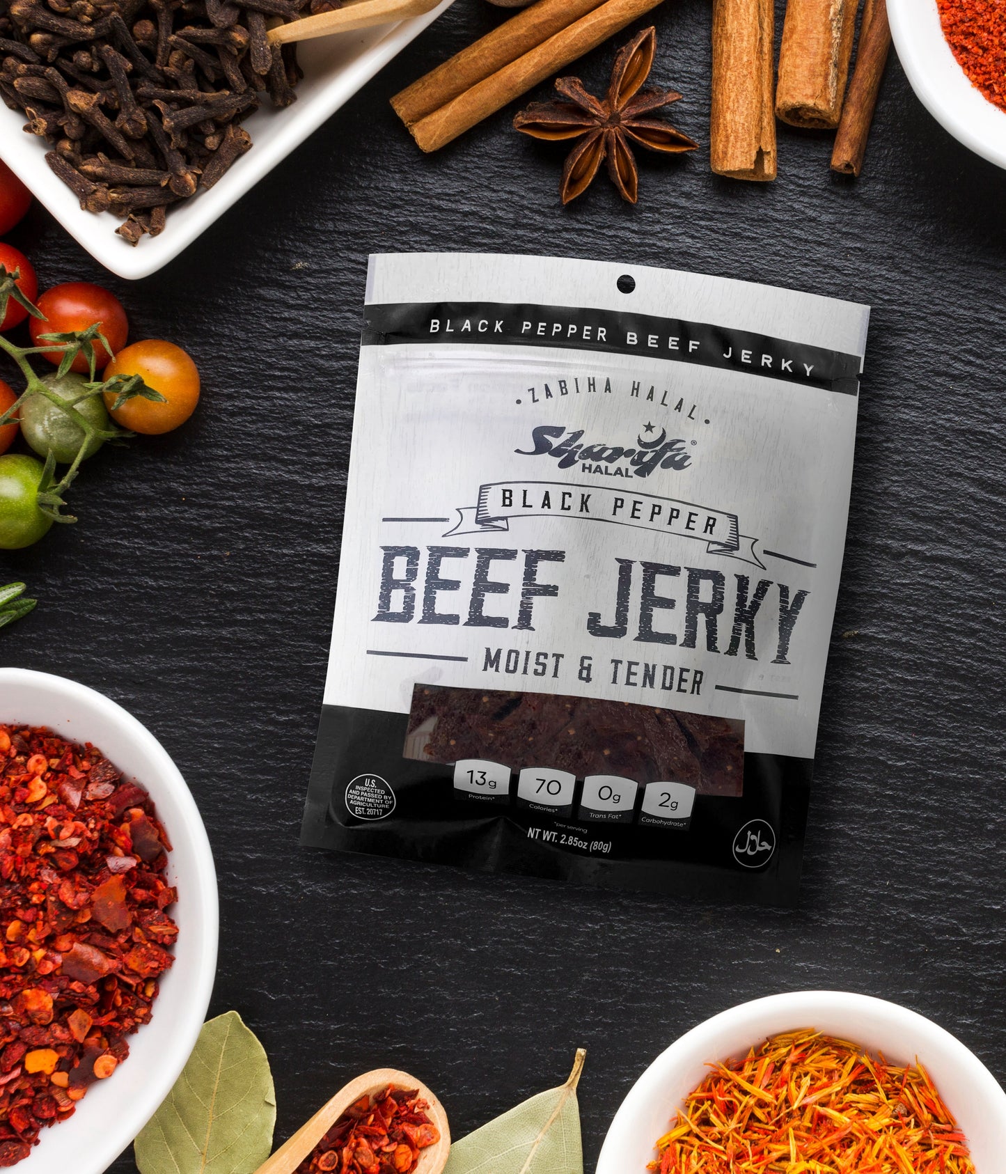 Sharifa Halal Beef Jerky, Black Pepper, (3) 2.85 oz. Bag – Great Everyday Halal Jerky Beef Meat Snack, 100 % Real Zabiha Halal Beef, 13g of Protein, 70 Calories, 0g Trans Fat, & 2g of Carbohydrates