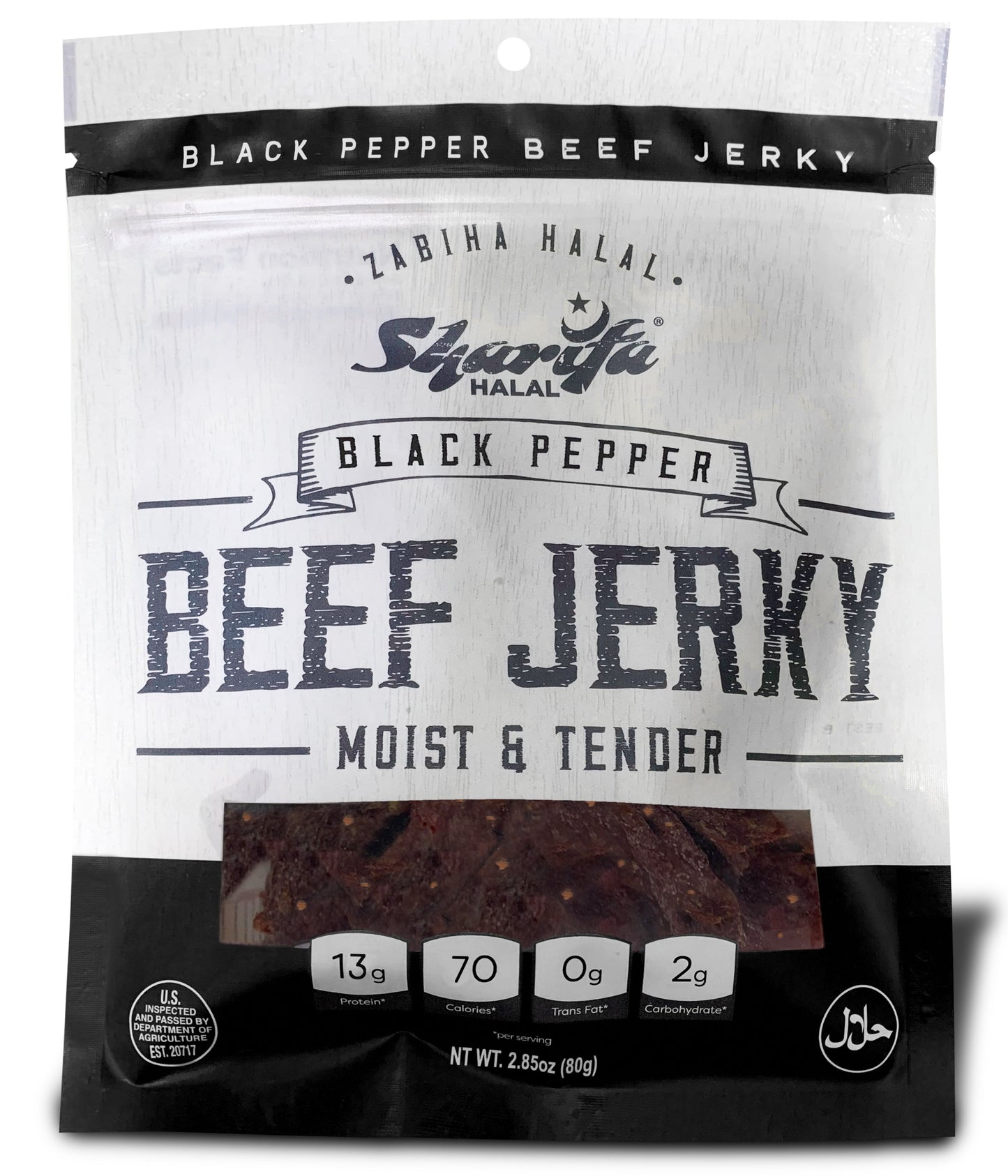Sharifa Halal Beef Jerky, Black Pepper, (1) 2.85 oz. Bag – Great Everyday Halal Jerky Beef Meat Snack, 100 % Real Zabiha Halal Beef, 13g of Protein, 70 Calories, 0g Trans Fat, & 2g of Carbohydrates