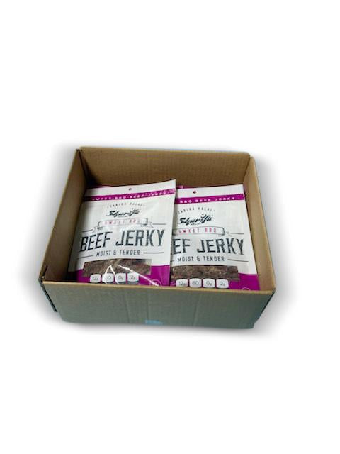 SHARIFA HALAL BEEF JERKY, SWEET BBQ, (1 CASE) (12-2.85 OZ. BAGS) – GREAT EVERYDAY HALAL JERKY BEEF MEAT SNACK, 100 % REAL ZABIHA HALAL BEEF, 12G OF PROTEIN, 80 CALORIES, 0G TRANS FAT, & 2G OF CARBOHYDRATES