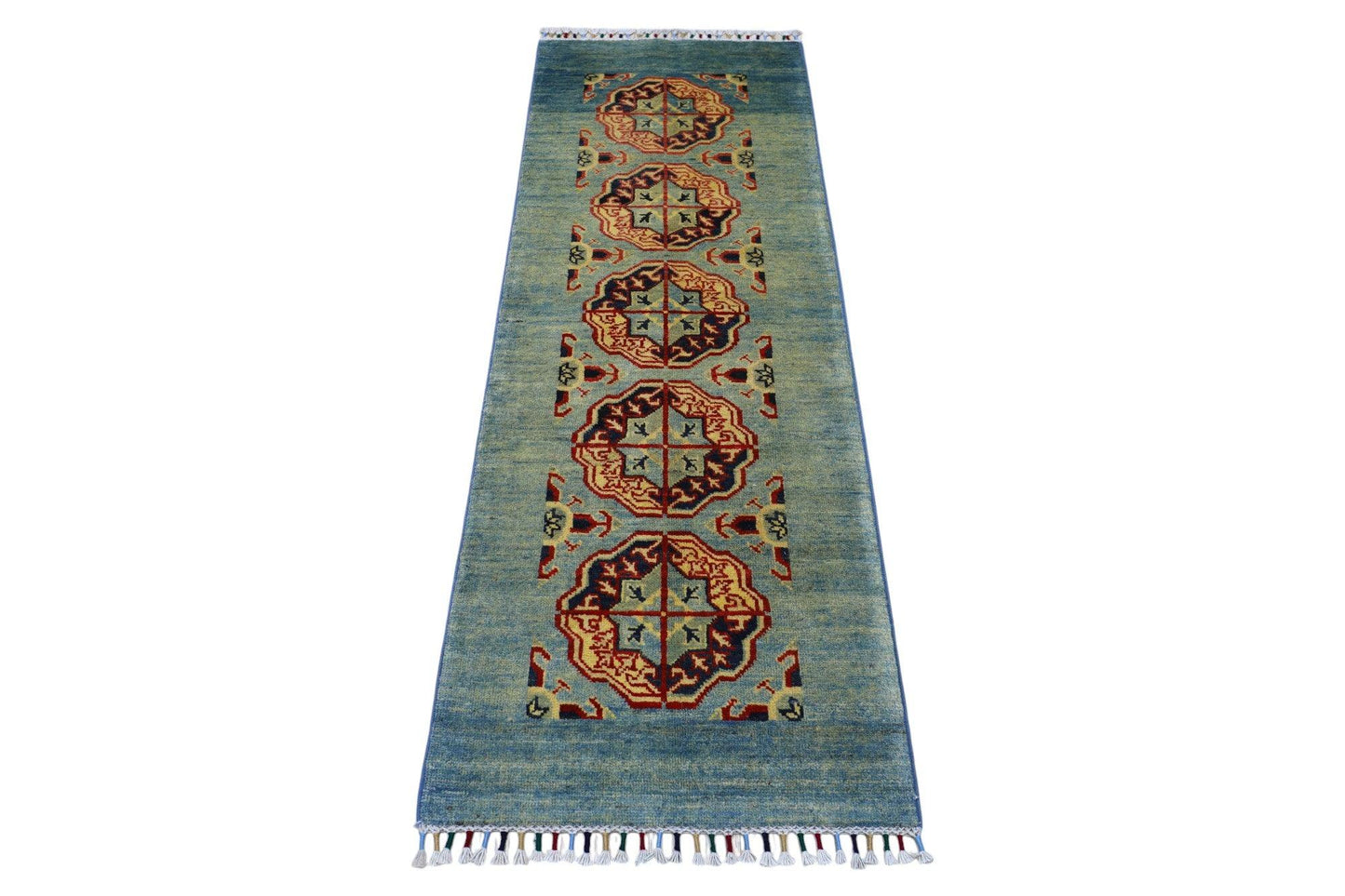 Hand-Knotted Kazak Afghani Wool Rug I Green 2' x 5'7"