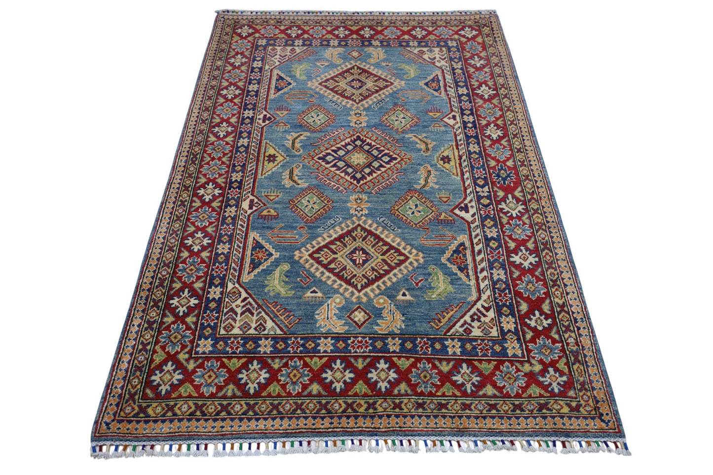 Hand-Knotted Afghani Kazak Wool Rug – 4’0″ x 6’1″