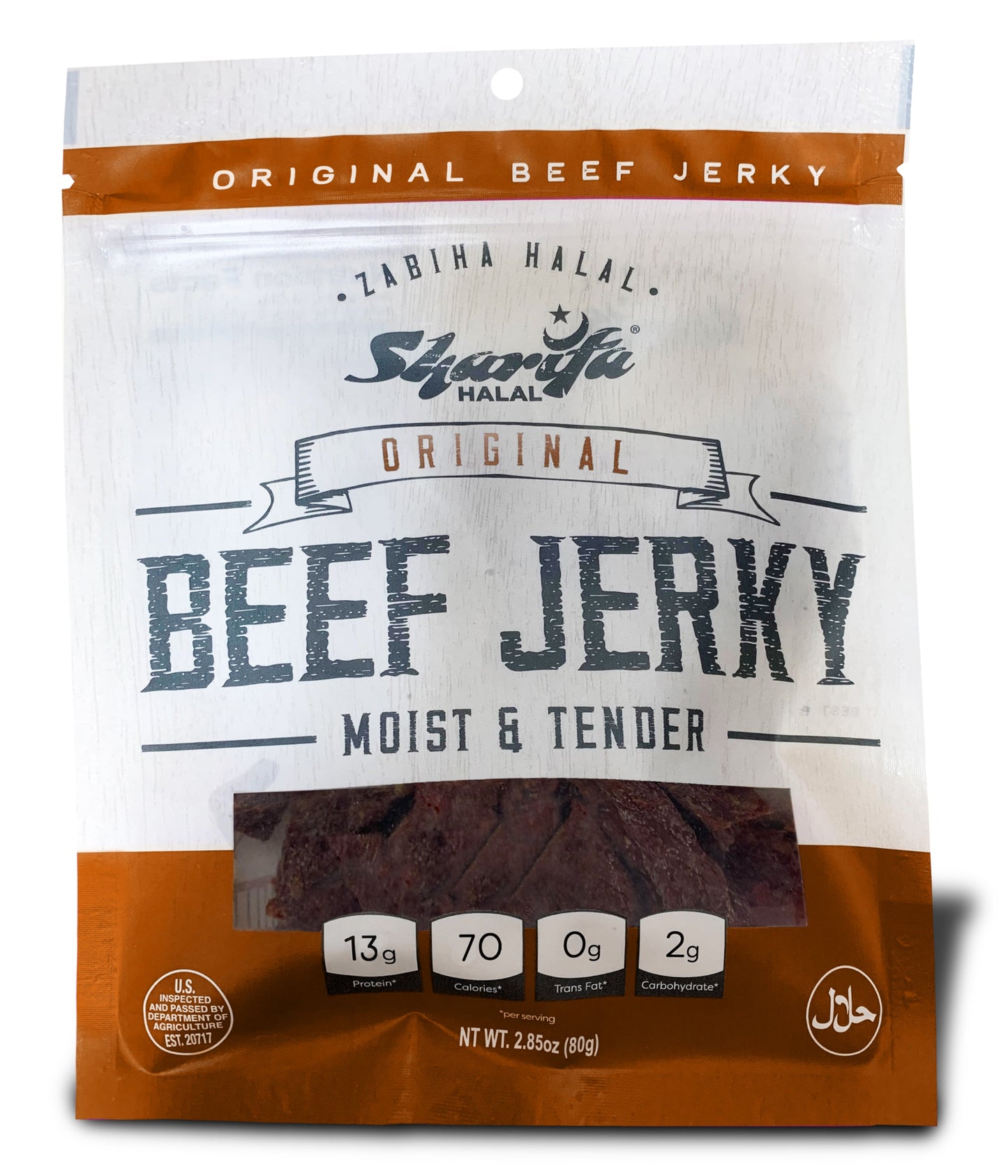 Sharifa Halal Beef Jerky, Original, (1) 2.85 oz. Bag – Great Everyday Halal Jerky Beef Meat Snack, 100 % Real Zabiha Halal Beef, 13g of Protein, 70 Calories, 0g Trans Fat, & 2g of Carbohydrates Brand: SHARIFA HALAL