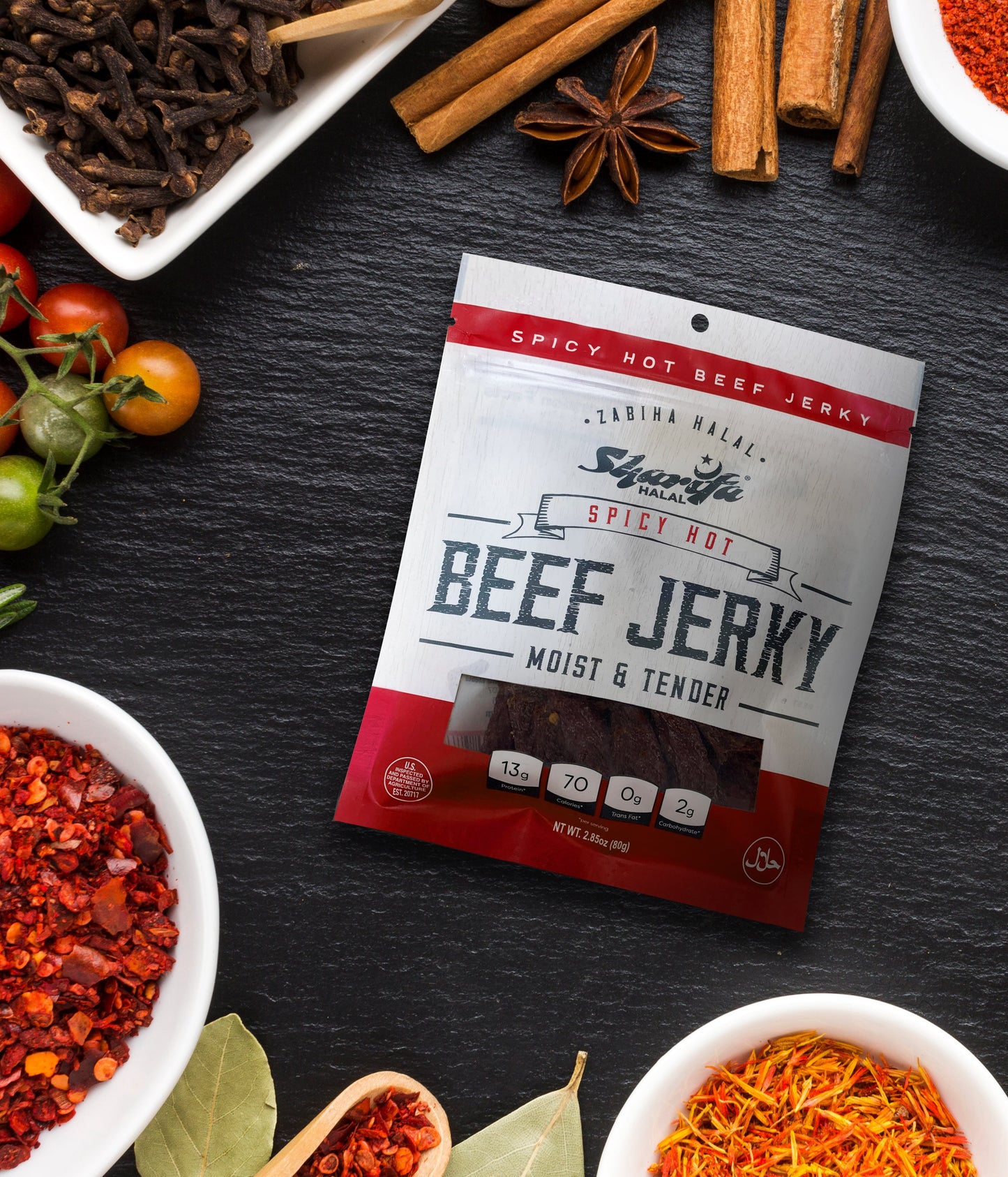 Sharifa Halal Beef Jerky, Spicy Hot, (3) 2.85 oz. Bag – Great Everyday Halal Jerky Beef Meat Snack, 100 % Real Zabiha Halal Beef, 13g of Protein, 70 Calories, 0g Trans Fat, & 2g of Carbohydrates