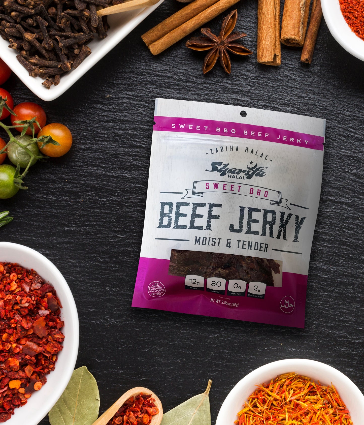 Sharifa Halal Beef Jerky, Sweet BBQ, (1) 2.85 oz. Bag – Great Everyday Halal Jerky Beef Meat Snack, 100 % Real Zabiha Halal Beef, 12g of Protein, 80 Calories, 0g Trans Fat, & 2g of Carbohydrates