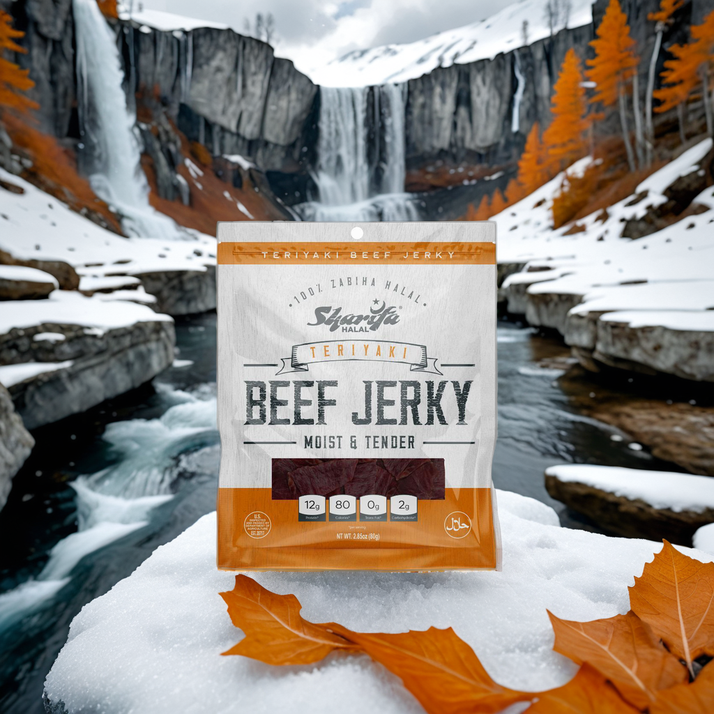 Sharifa Halal Beef Jerky, Teriyaki, (1) 2.85 oz. Bag – Great Everyday Halal Jerky Beef Meat Snack, 100 % Real Zabiha Halal Beef, 12g of Protein, 80 Calories, 0g Trans Fat, & 2g of Carbohydrates