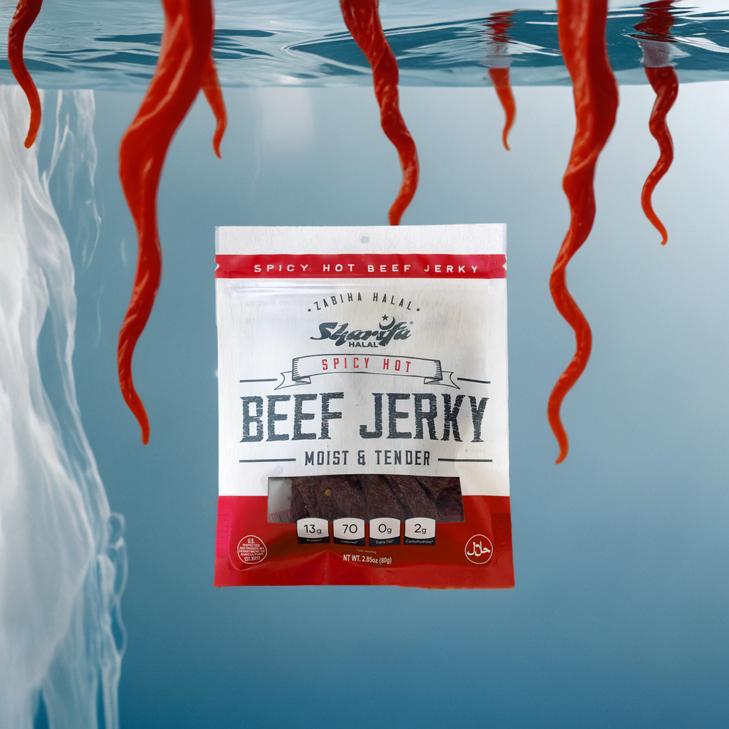 Sharifa Halal Beef Jerky, Spicy Hot, (1) 2.85 oz. Bag – Great Everyday Halal Jerky Beef Meat Snack, 100 % Real Zabiha Halal Beef, 13g of Protein, 70 Calories, 0g Trans Fat, & 2g of Carbohydrates