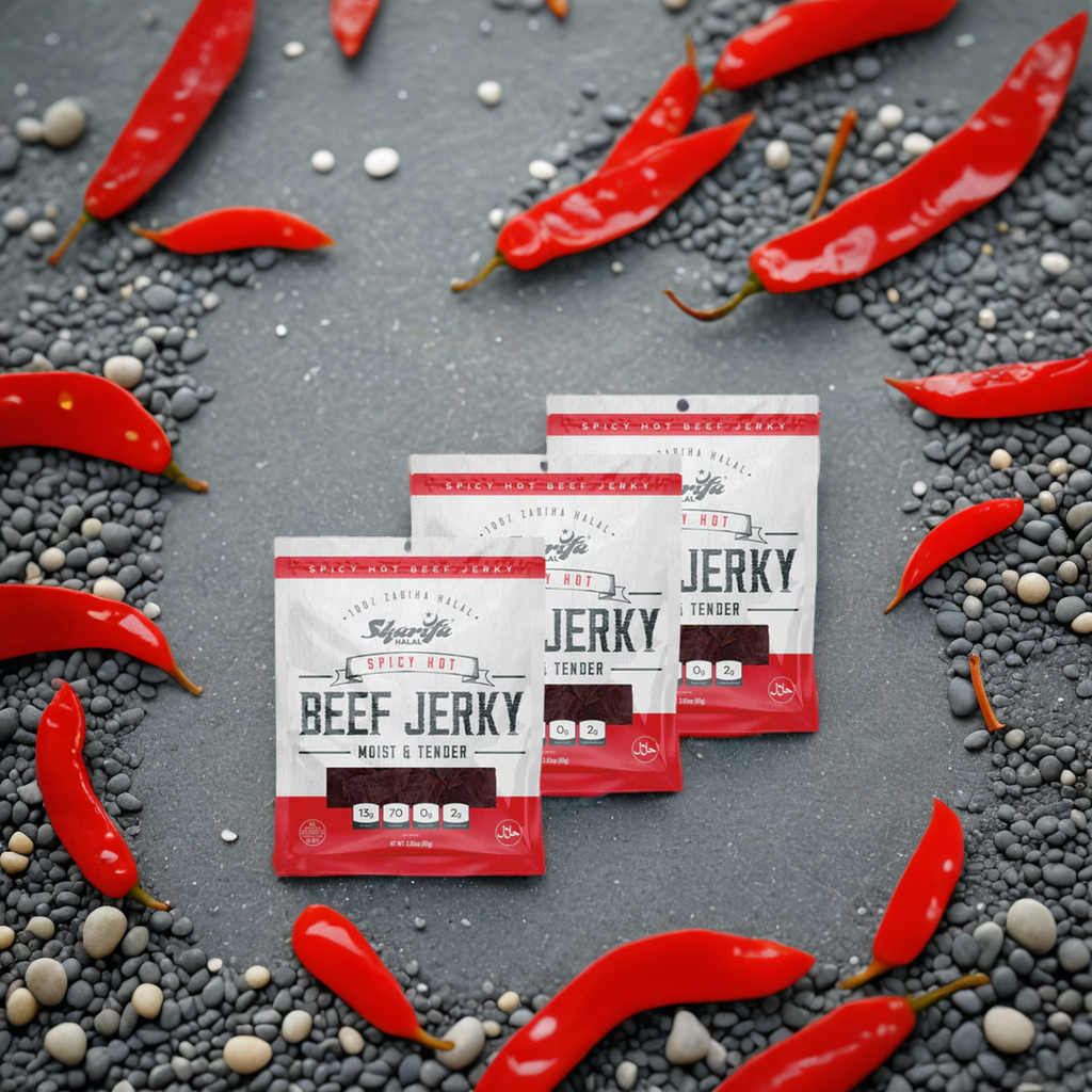 Sharifa Halal Beef Jerky, Spicy Hot, (3) 2.85 oz. Bag – Great Everyday Halal Jerky Beef Meat Snack, 100 % Real Zabiha Halal Beef, 13g of Protein, 70 Calories, 0g Trans Fat, & 2g of Carbohydrates