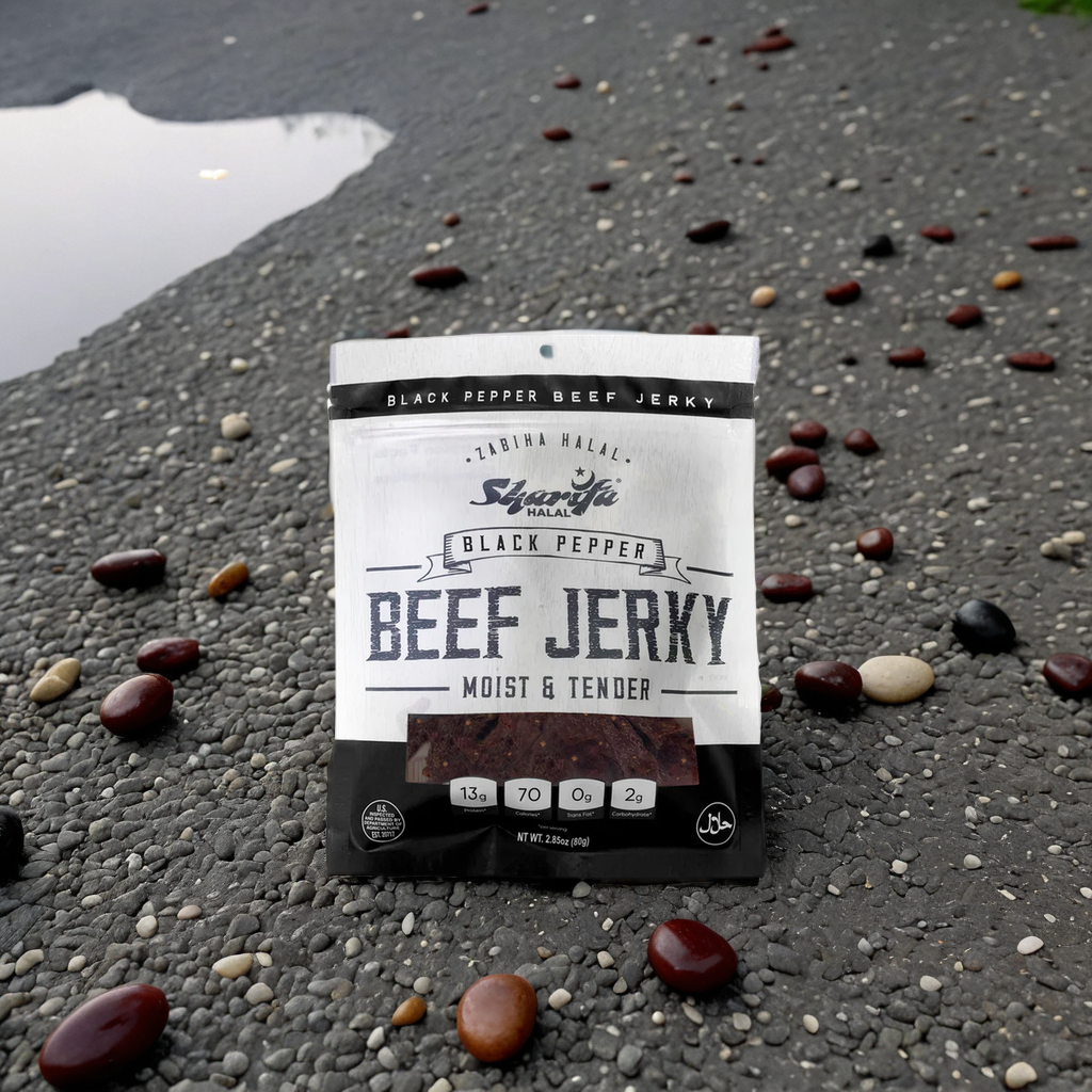 Sharifa Halal Beef Jerky, Black Pepper, (1) 2.85 oz. Bag – Great Everyday Halal Jerky Beef Meat Snack, 100 % Real Zabiha Halal Beef, 13g of Protein, 70 Calories, 0g Trans Fat, & 2g of Carbohydrates