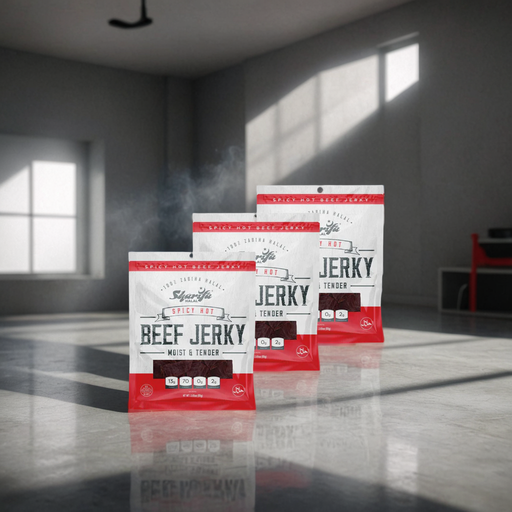 Sharifa Halal Beef Jerky, Spicy Hot, (3) 2.85 oz. Bag – Great Everyday Halal Jerky Beef Meat Snack, 100 % Real Zabiha Halal Beef, 13g of Protein, 70 Calories, 0g Trans Fat, & 2g of Carbohydrates