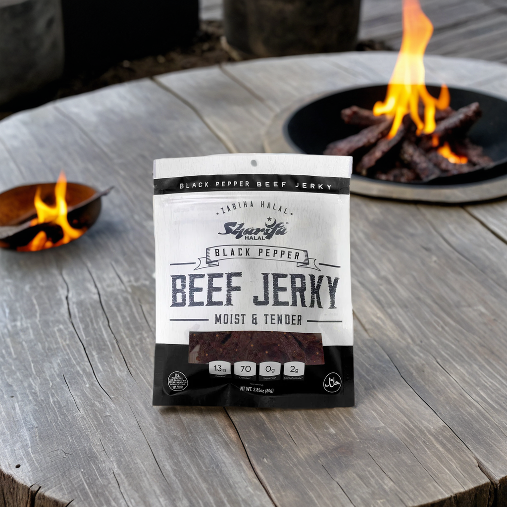 Sharifa Halal Beef Jerky, Black Pepper, (1) 2.85 oz. Bag – Great Everyday Halal Jerky Beef Meat Snack, 100 % Real Zabiha Halal Beef, 13g of Protein, 70 Calories, 0g Trans Fat, & 2g of Carbohydrates