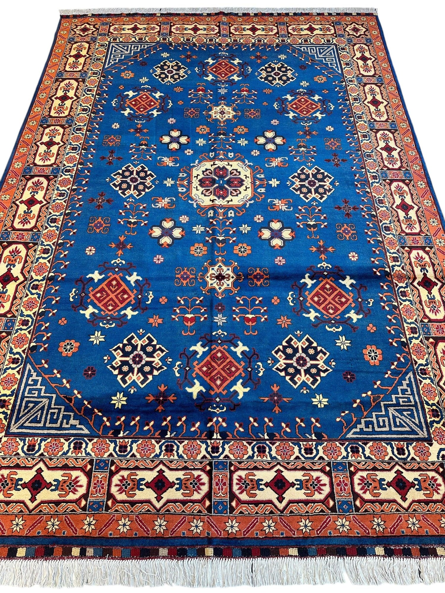 El Dokuma Afgan Kazak Halısı – 196 cm x 276 cm – %100 Yün Canlı Geometrik Tasarım