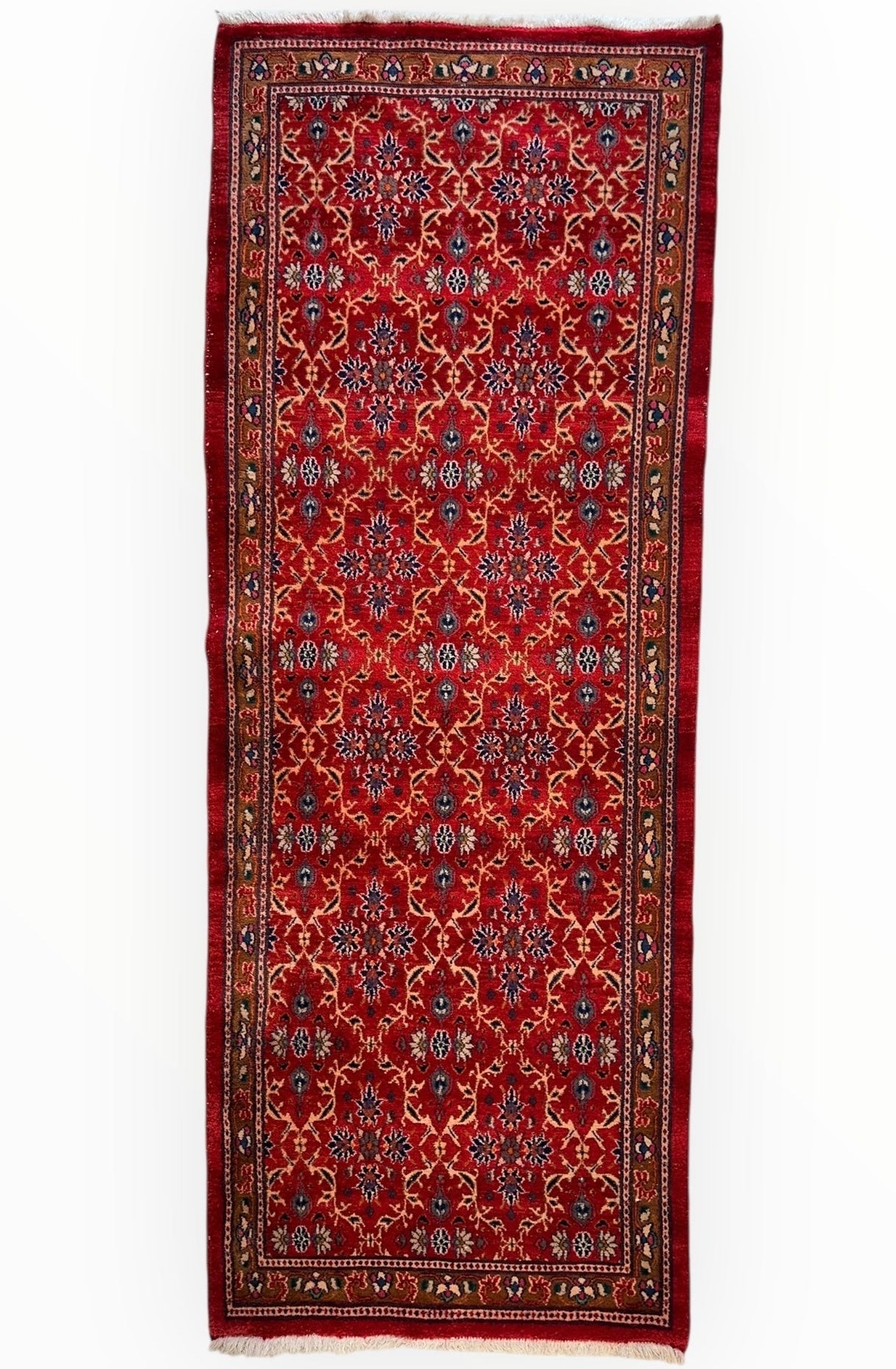 Vintage Mashhad Wool Runner – 3’3” x 8’4” – 1970s, Rich Red with Blue & Beige Accents