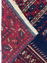 Vintage Hand-Knotted Yagcibedir Turkish Wool Prayer Rug – 3’10” x 5’9” – Deep Blue & Red Tribal Design