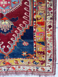 Hand-Knotted Antique Turkish Melas Wool Rug – 4'3" x 5'11" – Vibrant Geometric Motifs