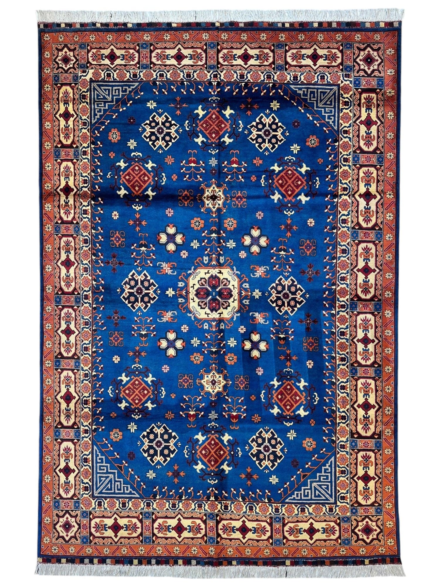 El Dokuma Afgan Kazak Halısı – 196 cm x 276 cm – %100 Yün Canlı Geometrik Tasarım