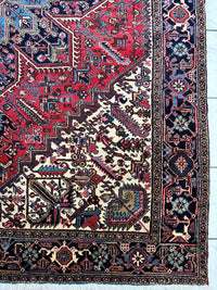 Hand-Knotted Persian Heriz Wool Rug – 9’ x 12’ – Geometric Medallion Design