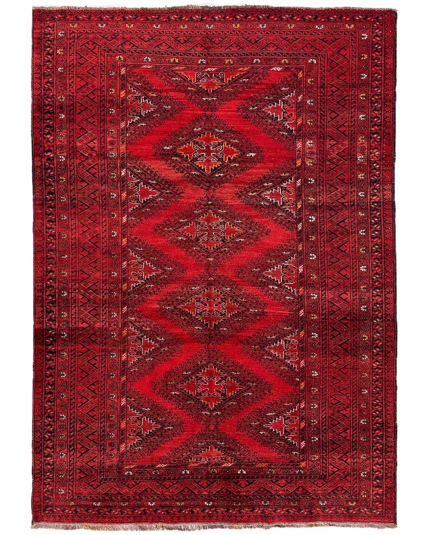 El Dokuma Afgan Türkmen Veziri Yün Halısı – 199 cm x 276 cm – Vintage Kırmızı Zarafet