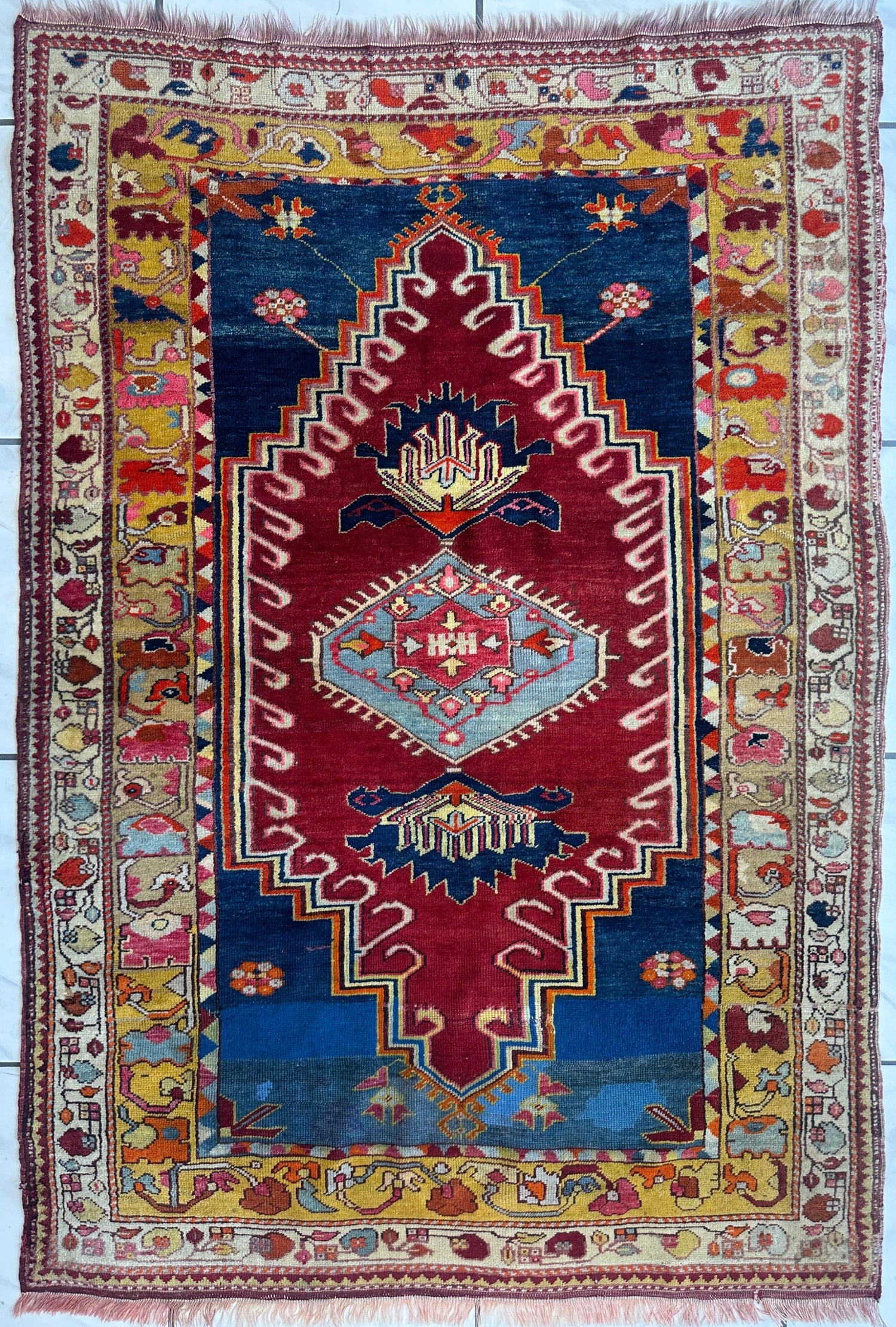 Hand-Knotted Antique Turkish Melas Wool Rug – 4'3" x 5'11" – Vibrant Geometric Motifs