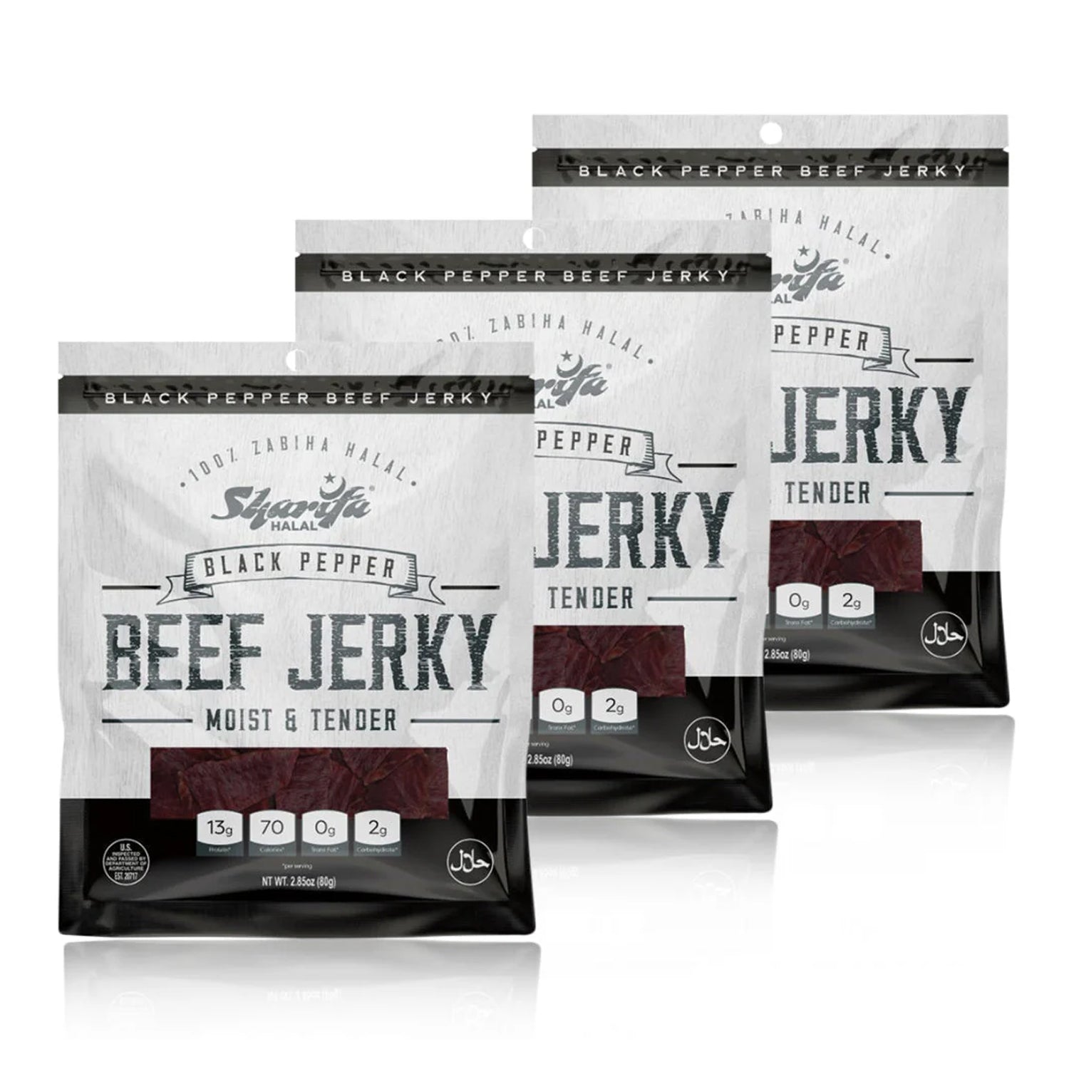Sharifa Halal Beef Jerky, Black Pepper, (3) 2.85 oz. Bag – Great Everyday Halal Jerky Beef Meat Snack, 100 % Real Zabiha Halal Beef, 13g of Protein, 70 Calories, 0g Trans Fat, & 2g of Carbohydrates