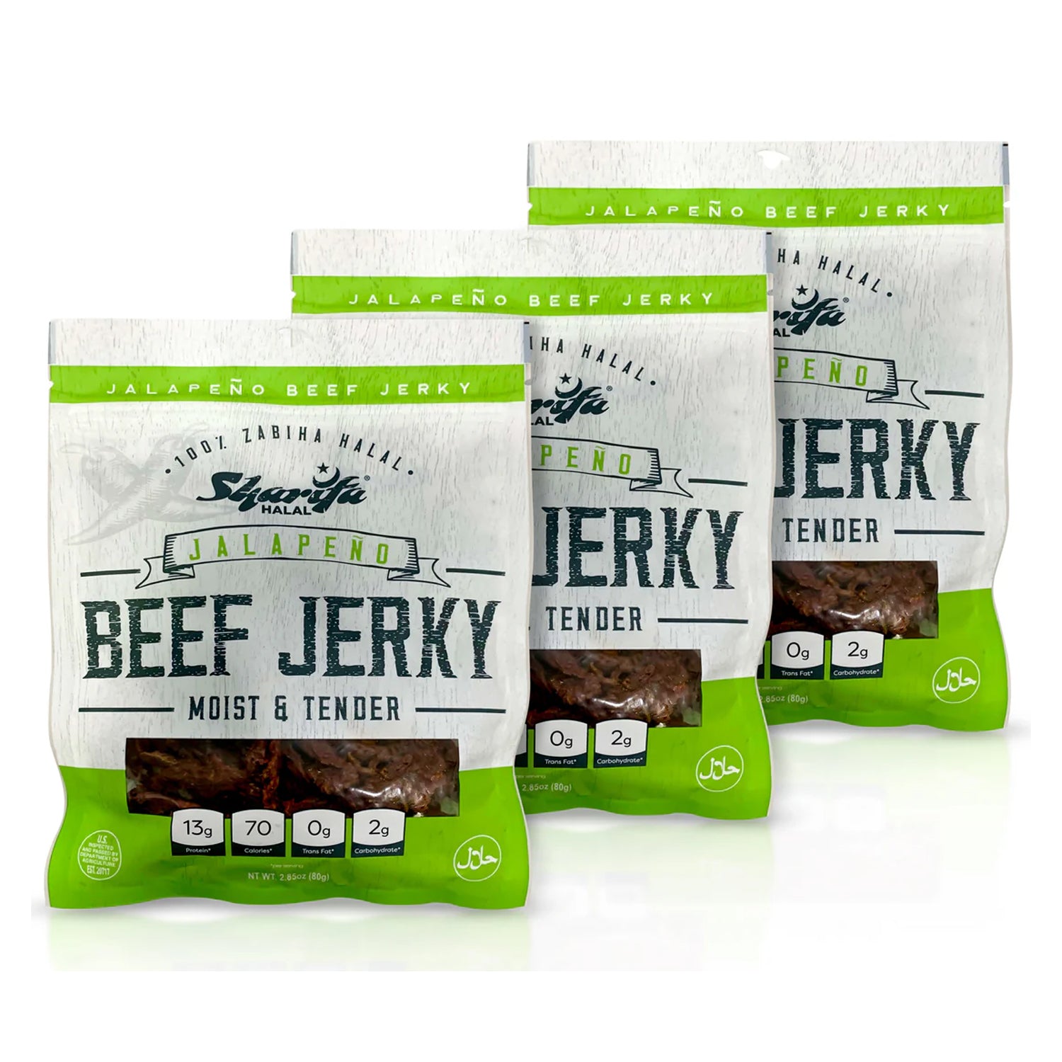 Sharifa Halal Beef Jerky, Jalapeno, (3) 2.85 oz. Bag – Great Everyday Halal Jerky Beef Meat Snack, 100 % Real Zabiha Halal Beef, 13g of Protein, 70 Calories, 0g Trans Fat, & 2g of Carbohydrates