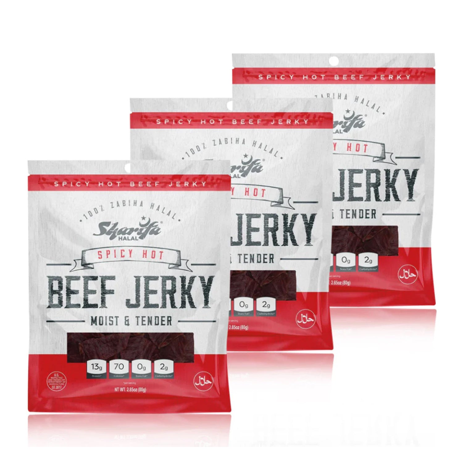 Sharifa Halal Beef Jerky, Spicy Hot, (3) 2.85 oz. Bag – Great Everyday Halal Jerky Beef Meat Snack, 100 % Real Zabiha Halal Beef, 13g of Protein, 70 Calories, 0g Trans Fat, & 2g of Carbohydrates