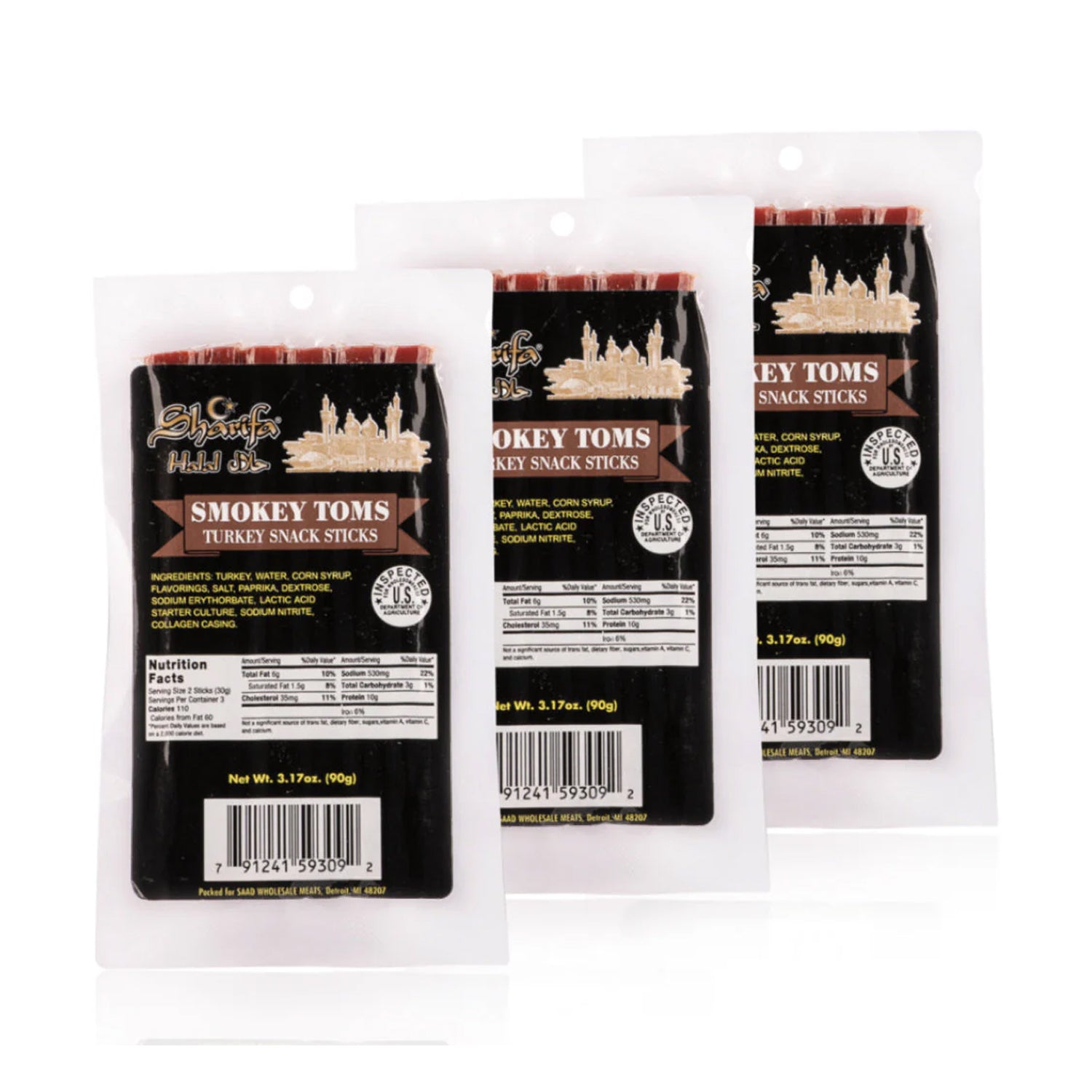 Sharifa Halal Smokey Toms Turkey Snack Sticks, (3) 3.17 oz. Package – Great Everyday Halal Turkey Snack, 100 % Real Zabiha Halal Turkey, 10g of Protein, 110 Calories, & 3g of Carbohydrates