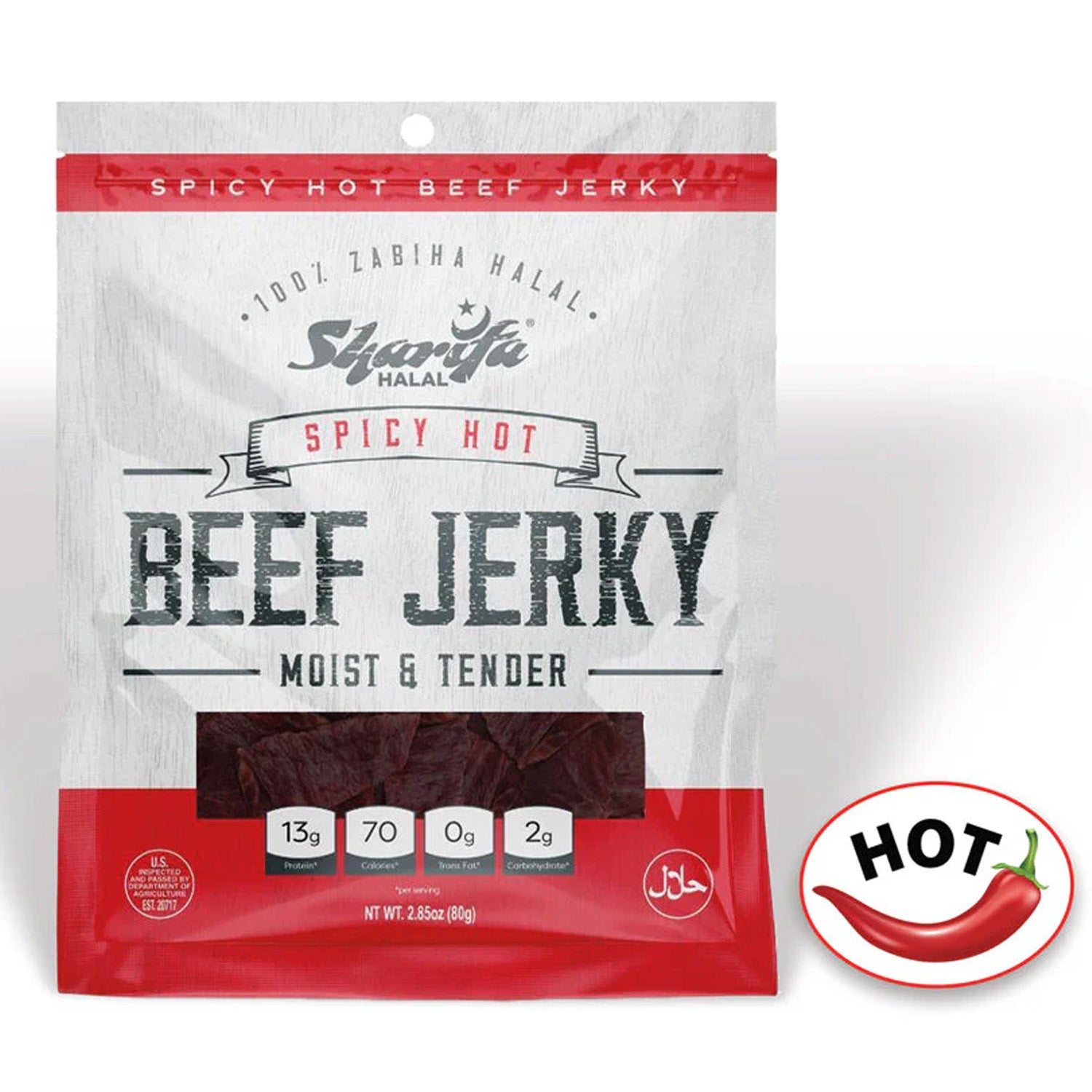 Sharifa Halal Beef Jerky, Spicy Hot, (1) 2.85 oz. Bag – Great Everyday Halal Jerky Beef Meat Snack, 100 % Real Zabiha Halal Beef, 13g of Protein, 70 Calories, 0g Trans Fat, & 2g of Carbohydrates