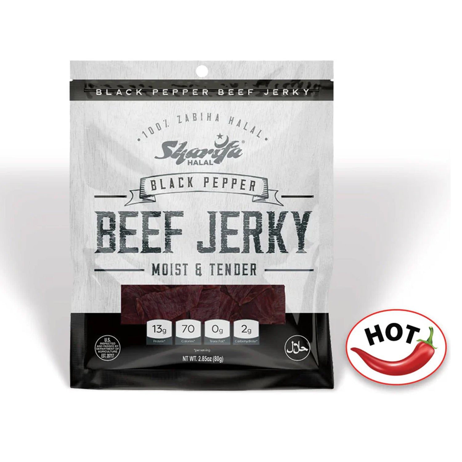 Sharifa Helal Sığır Eti Jerky, Karabiber, (1) 2.85 oz. Poşet - Harika Her Gün Helal Jerky Sığır Eti Atıştırmalığı, %100 Gerçek Zabiha Helal Sığır Eti, 13 g Protein, 70 Kalori, 0 g Trans Yağ ve 2 g Karbonhidrat
