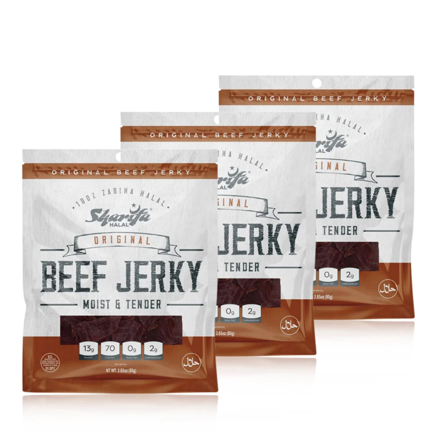 Sharifa Helal Sığır Eti Jerky, Orijinal, (3) 2,85 oz. Poşet - Harika Her Gün Helal Jerky Sığır Eti Atıştırmalığı, %100 Gerçek Zabiha Helal Sığır Eti, 13 g Protein, 70 Kalori, 0 g Trans Yağ ve 2 g Karbonhidrat