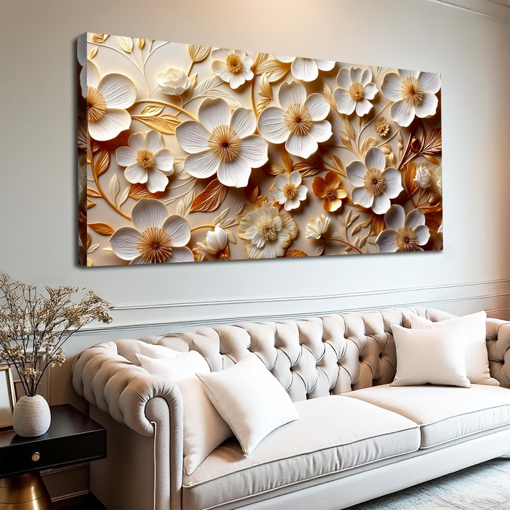 White And Golden Blooms Impasto Wall Art