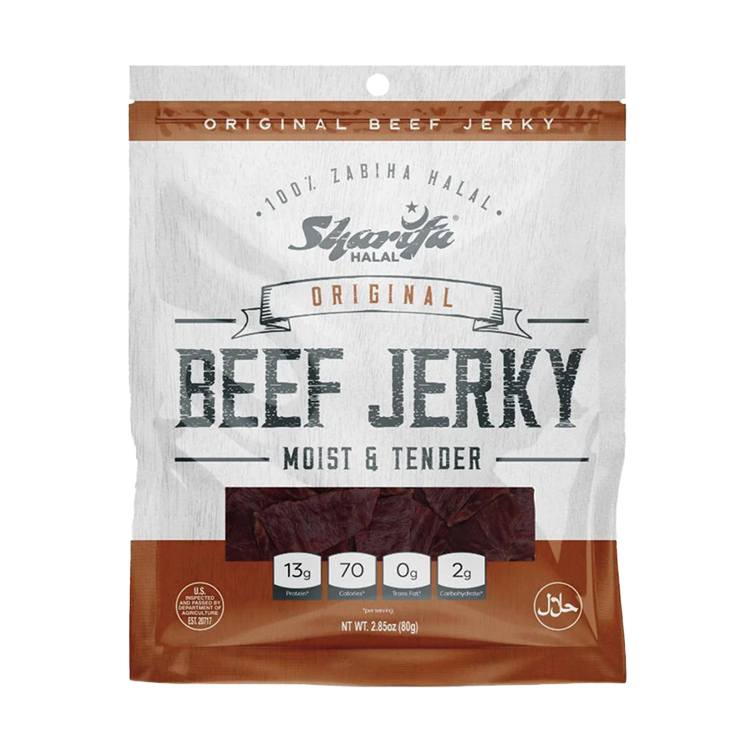 Sharifa Halal Beef Jerky, Original, (1) 2.85 oz. Bag – Great Everyday Halal Jerky Beef Meat Snack, 100 % Real Zabiha Halal Beef, 13g of Protein, 70 Calories, 0g Trans Fat, & 2g of Carbohydrates Brand: SHARIFA HALAL