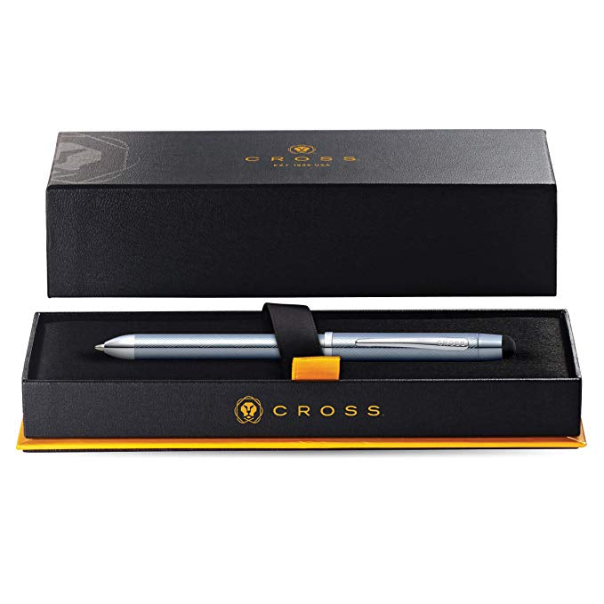 Cross Tech3+ Frosty Steel Lacquer Multi-Function Pen with Chrome-Plated Appointments, Stylus, and 0.5mm Lead