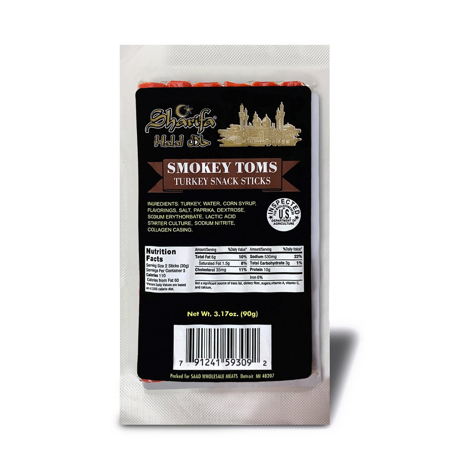 Sharifa Halal Smokey Toms Turkey Snack Sticks, (3) 3.17 oz. Package – Great Everyday Halal Turkey Snack, 100 % Real Zabiha Halal Turkey, 10g of Protein, 110 Calories, & 3g of Carbohydrates
