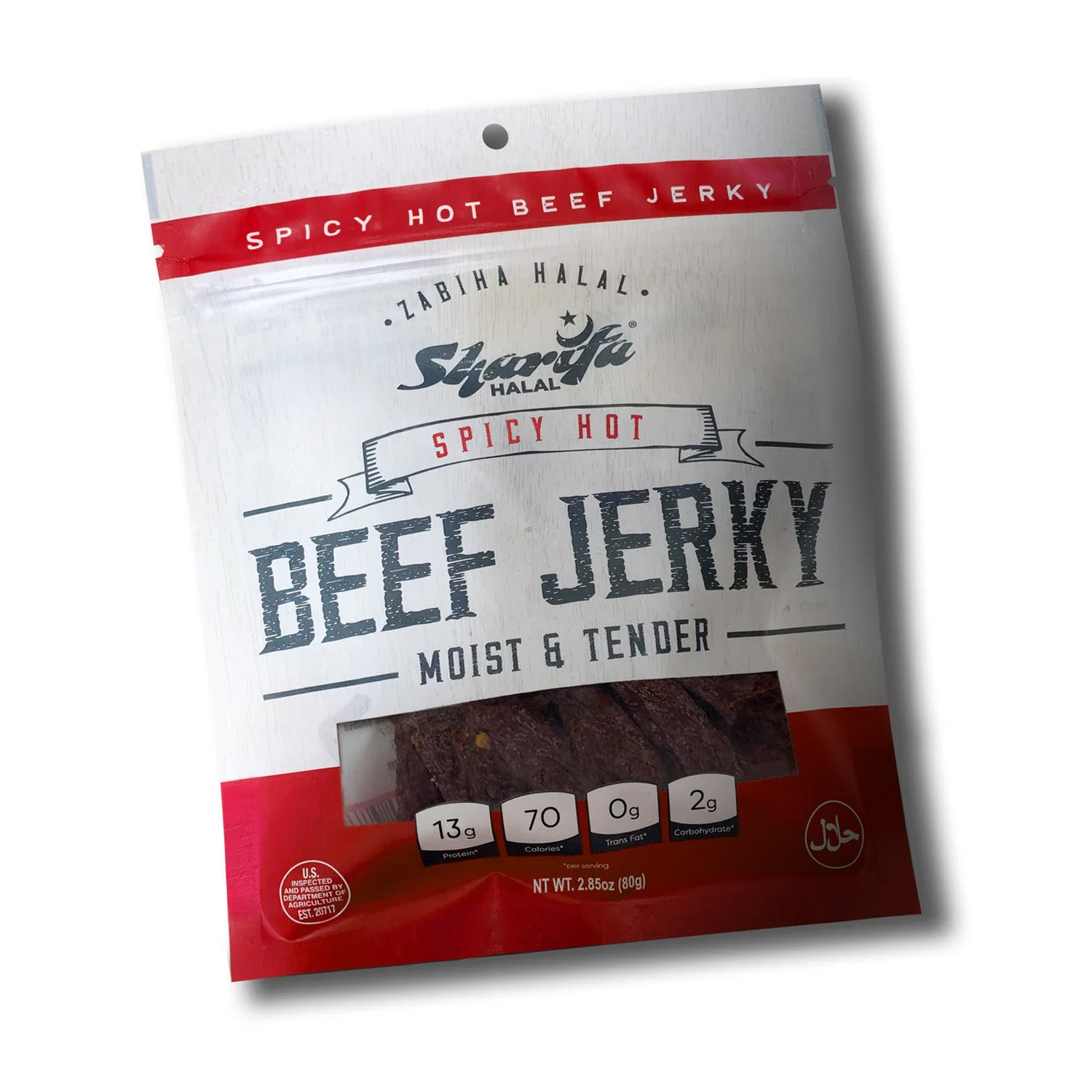 Sharifa Halal Beef Jerky, Spicy Hot, (1) 2.85 oz. Bag – Great Everyday Halal Jerky Beef Meat Snack, 100 % Real Zabiha Halal Beef, 13g of Protein, 70 Calories, 0g Trans Fat, & 2g of Carbohydrates