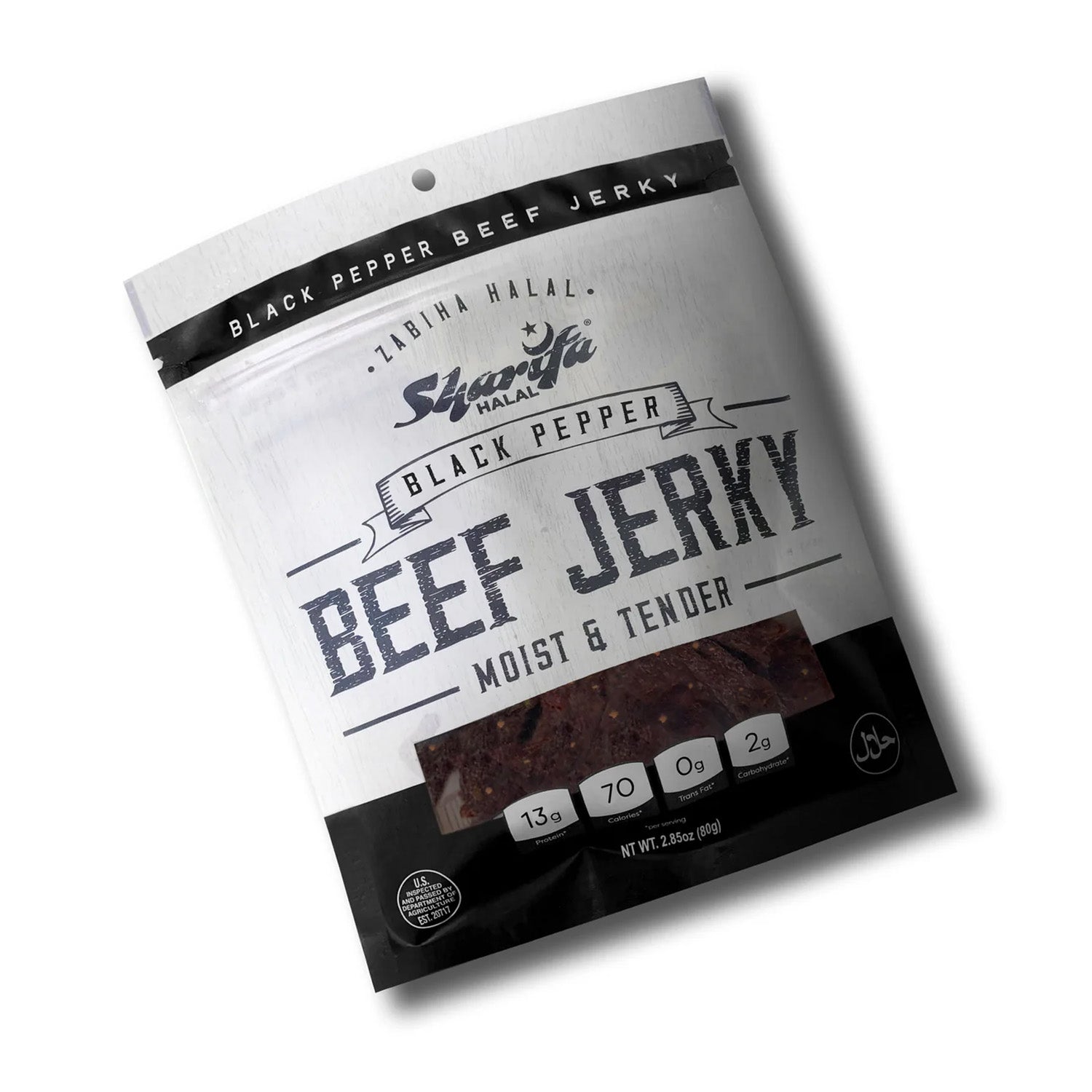 Sharifa Helal Sığır Eti Jerky, Karabiber, (1) 2.85 oz. Poşet - Harika Her Gün Helal Jerky Sığır Eti Atıştırmalığı, %100 Gerçek Zabiha Helal Sığır Eti, 13 g Protein, 70 Kalori, 0 g Trans Yağ ve 2 g Karbonhidrat