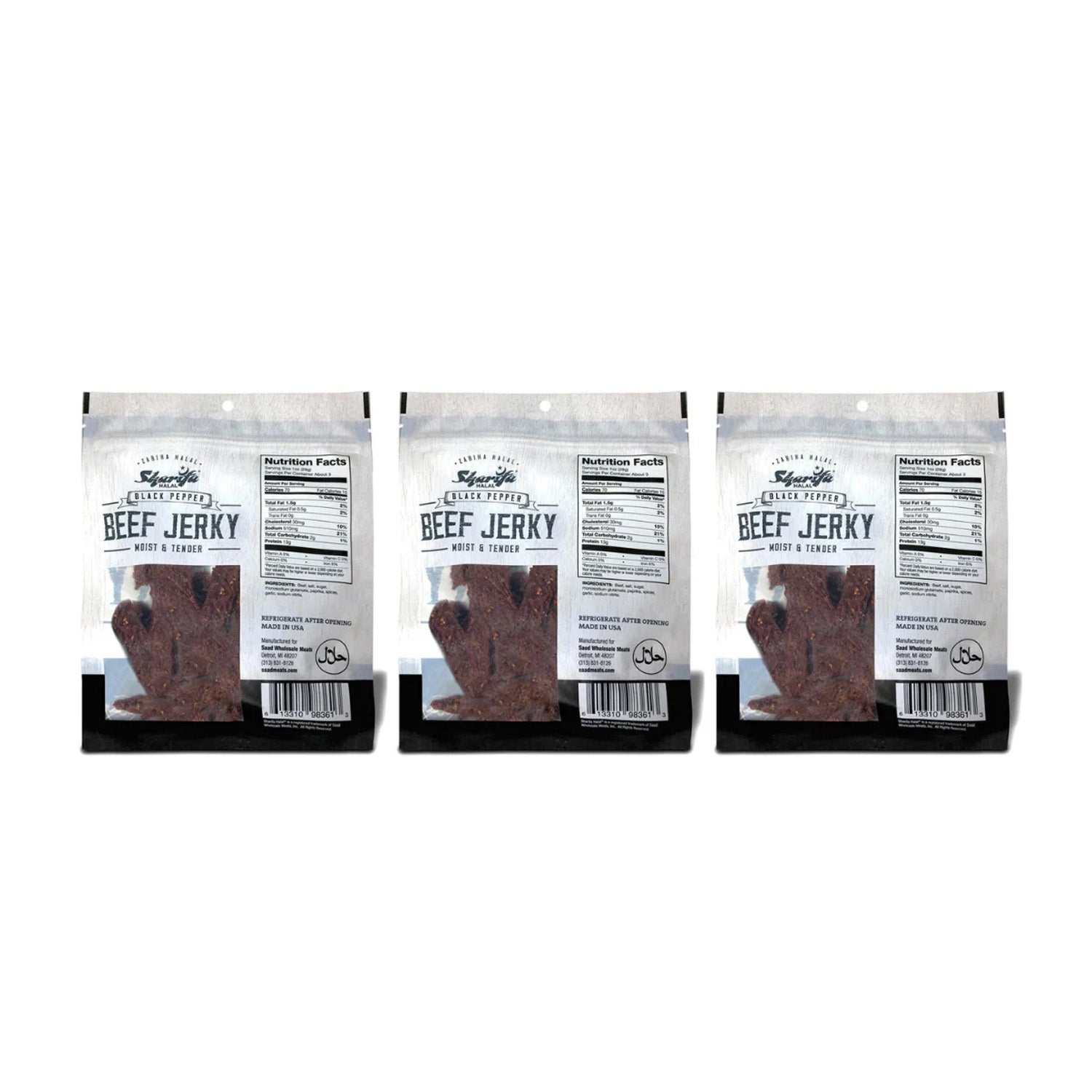 Sharifa Halal Beef Jerky, Black Pepper, (3) 2.85 oz. Bag – Great Everyday Halal Jerky Beef Meat Snack, 100 % Real Zabiha Halal Beef, 13g of Protein, 70 Calories, 0g Trans Fat, & 2g of Carbohydrates