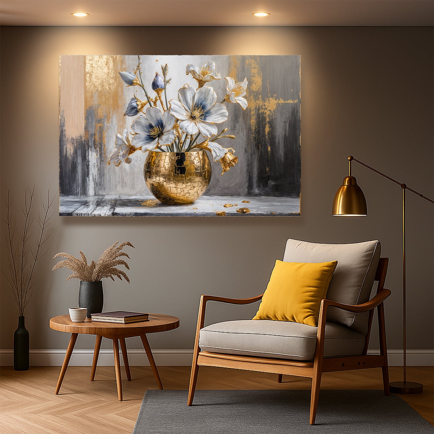 Magnolia Bloom in Gold Abstract Wall Art