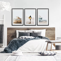 Surfer on the Sand Wall Art Set. Yellow Bus, Lifeguard Tower